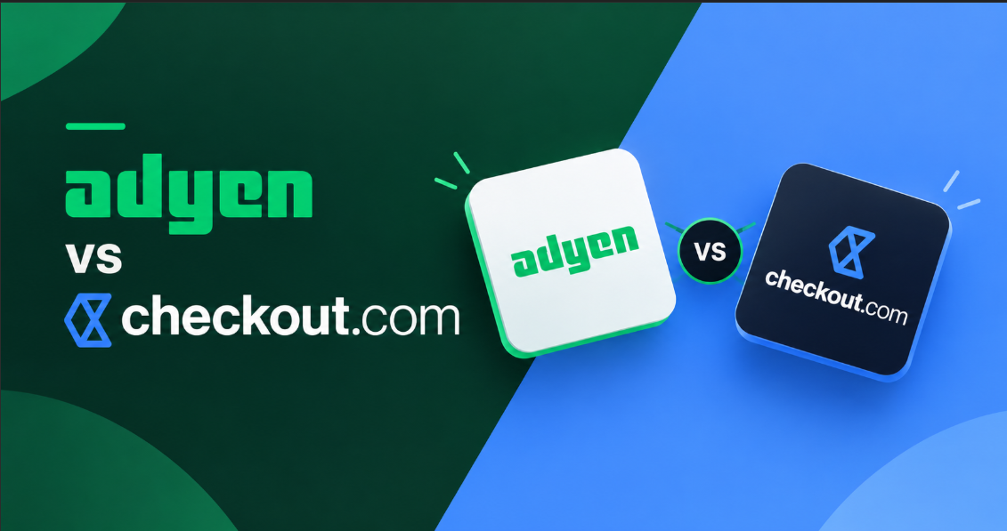 Adyen and Checkout.com logos on facing tiles, separated by a vs marker over a diagonal green and blue split