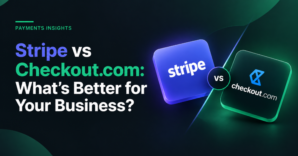 Stripe and Checkout.com logos on facing tiles, either side of a diagonal split