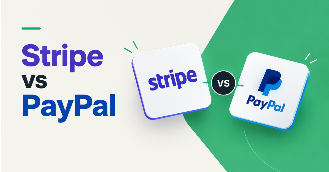 Stripe and PayPal logos on facing tiles, separated by a vs marker over a diagonal green split